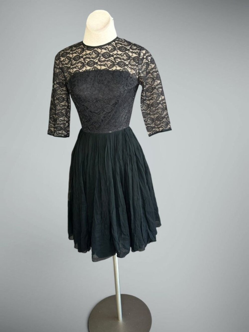 L'Aiglon Vintage 50s Dress Black Lace Yoke Organza Chiffon Cocktail